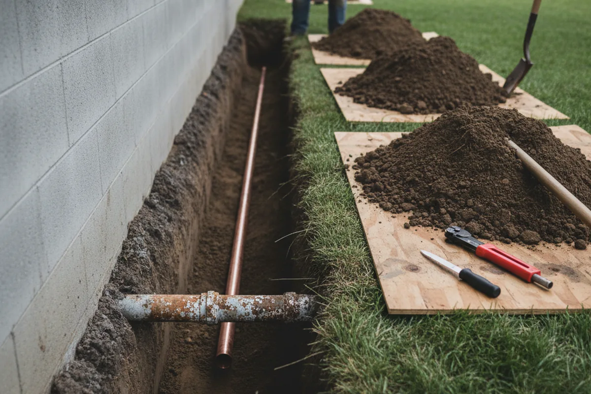 Excavated water line trench during Water Heater Repair in Slocomb